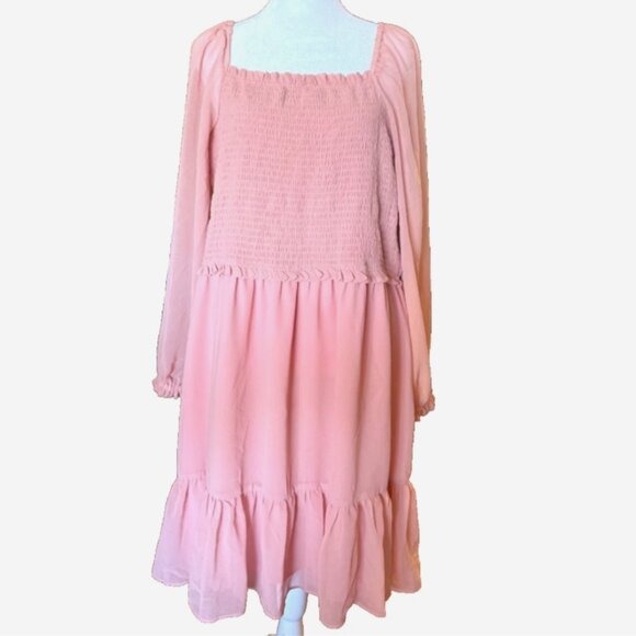 1.STATE Women’s 2X Pink Smocked Ruffle Dress Boho Square Neck Flowy Midi NWT - Picture 1 of 9